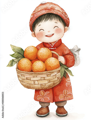 cheerful child in red traditional outfit holding basket of oranges, radiating joy and warmth. vibrant colors and playful expression create delightful scene