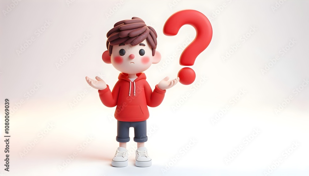 Full Body 3D Claymation Boy Character with Glasses - Questioning Gesture with Hands and Question Mark, Isolated on White Full Body 3D Claymation Boy Character with Glasses - Questioning Gesture with Hands and Question Mark, Isolated on White