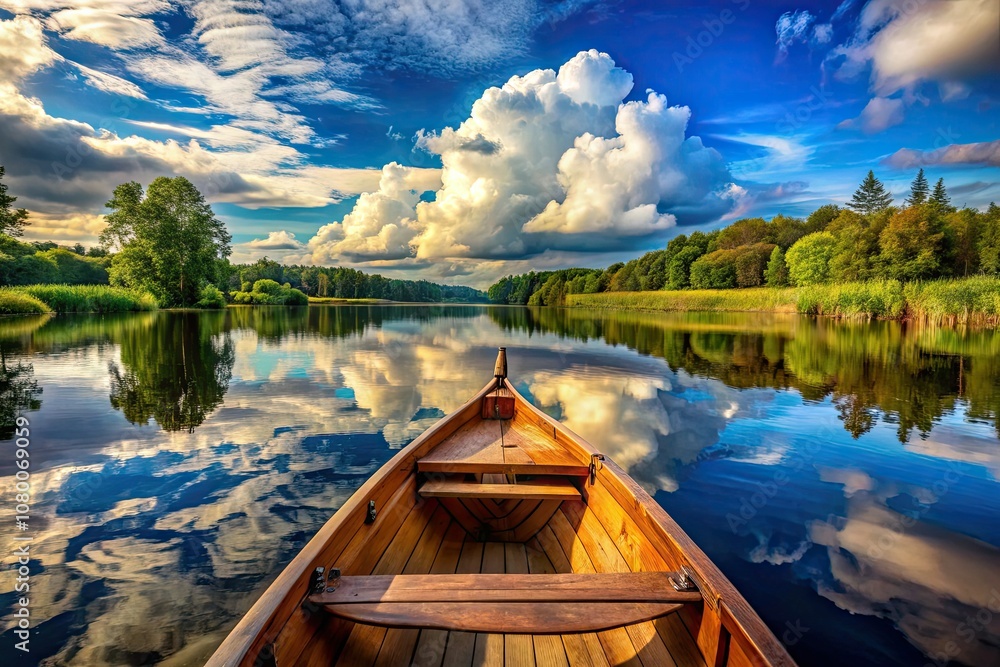 A tranquil wooden boat floats gently on a still lake, nestled amid vibrant greenery and reflective skies, embodying the essence of serene natural beauty. A tranquil wooden boat floats gently on a still lake, nestled amid vibrant greenery and reflective skies, embodying the essence of serene natural beauty.
