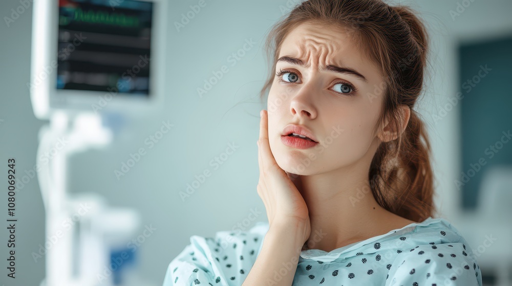 Young woman in hospital gown touching her neck in pain, concerned expression, clinical background Young woman in hospital gown touching her neck in pain, concerned expression, clinical background