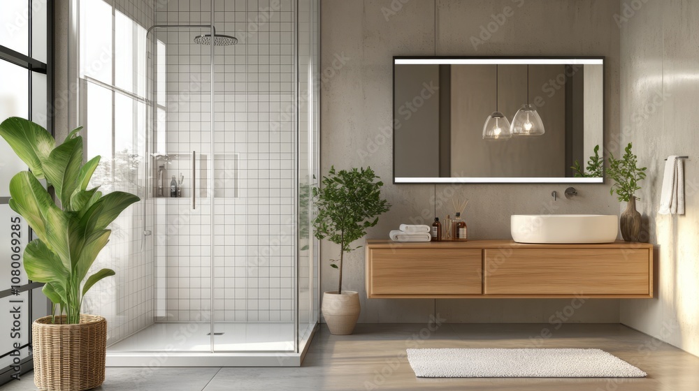 A modern bathroom featuring a spacious walk-in shower with unique tile patterns and high-end fixtures, isolated A modern bathroom featuring a spacious walk-in shower with unique tile patterns and high-end fixtures, isolated