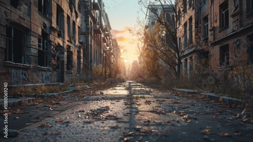 Fototapeta Naklejka Na Ścianę i Meble -  Serene sunrise over an abandoned cityscape  nature reclaims a post apocalyptic urban landscape
