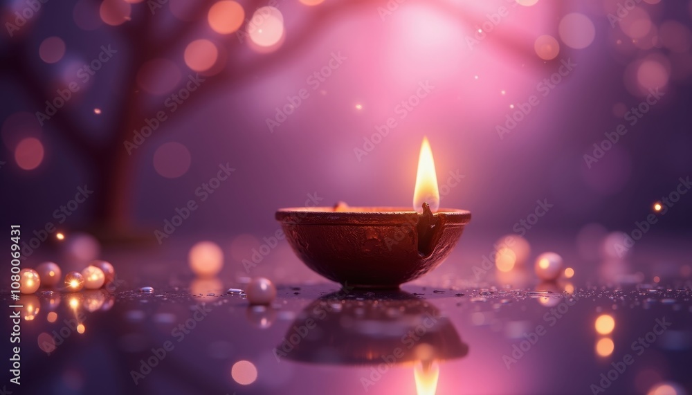 Glowing Diya on Reflective Surface with Warm Light and Bokeh Effects Glowing Diya on Reflective Surface with Warm Light and Bokeh Effects