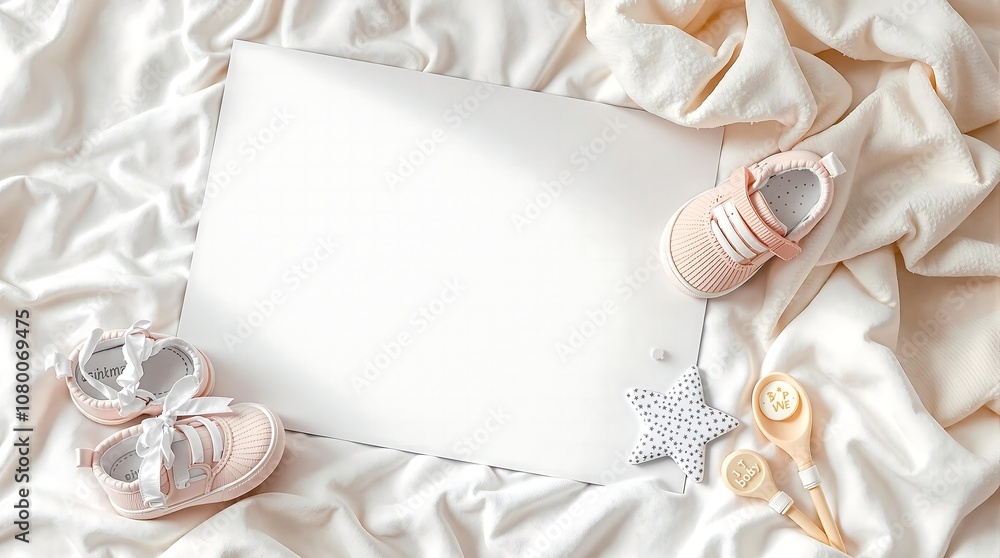 A flat lay of baby items including pink baby shoes, a star-shaped toy, and wooden spoons with baby-related text, all placed on a soft white fabric background.
