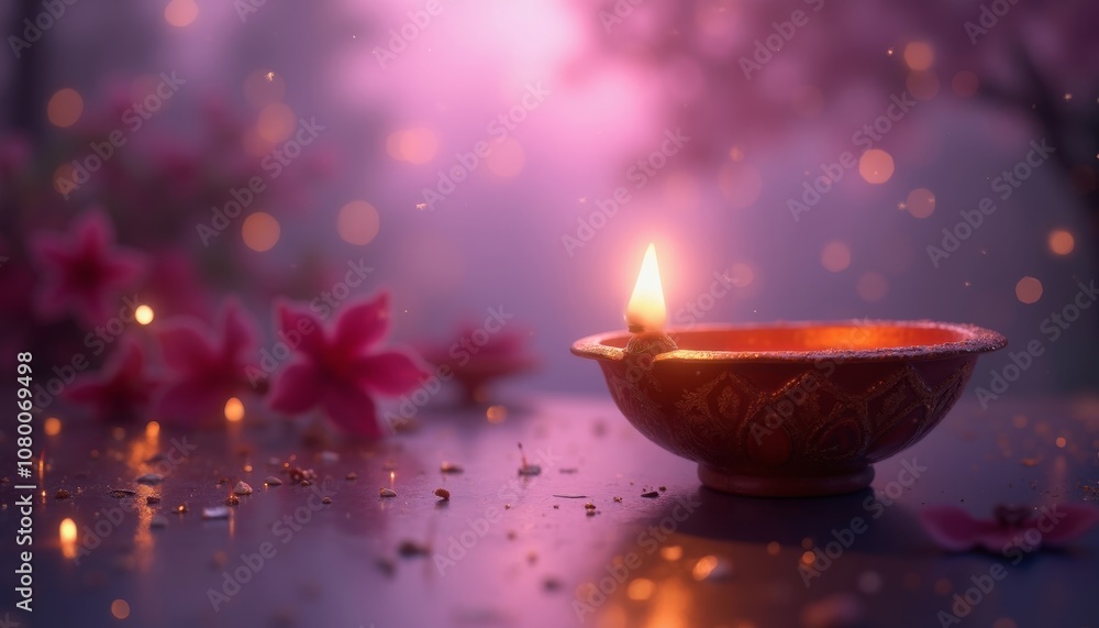 Glowing Diya on Reflective Surface in Serene Purple and Pink Setting Glowing Diya on Reflective Surface in Serene Purple and Pink Setting