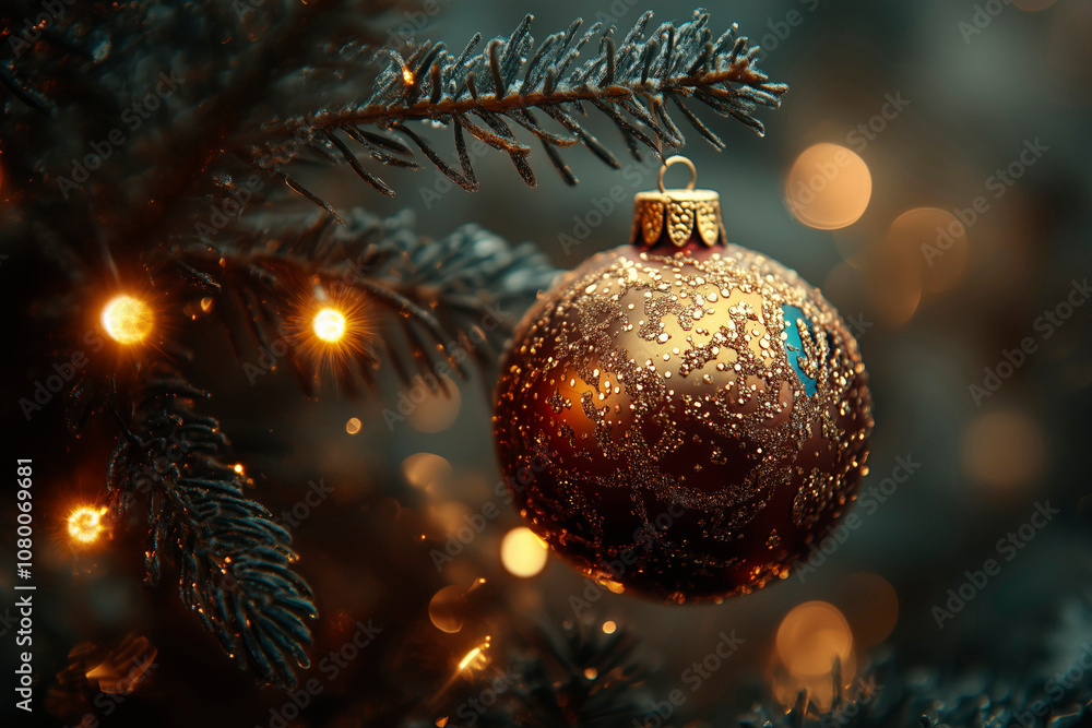 Fir branch with balls and festive lights on the Christmas background with sparkles. Fir branch with balls and festive lights on the Christmas background with sparkles.