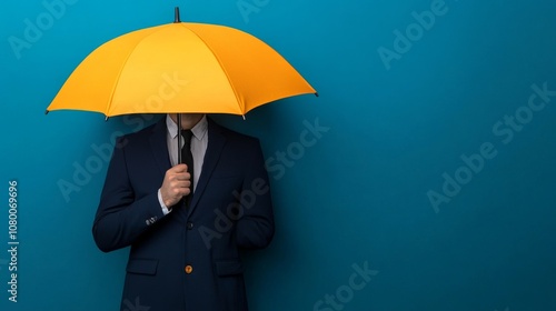 A businessman holding a yellow umbrella against a blue backdrop.