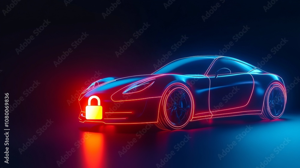 Neon car outline with a glowing lock icon, symbolizing modern vehicle security and protection Neon car outline with a glowing lock icon, symbolizing modern vehicle security and protection