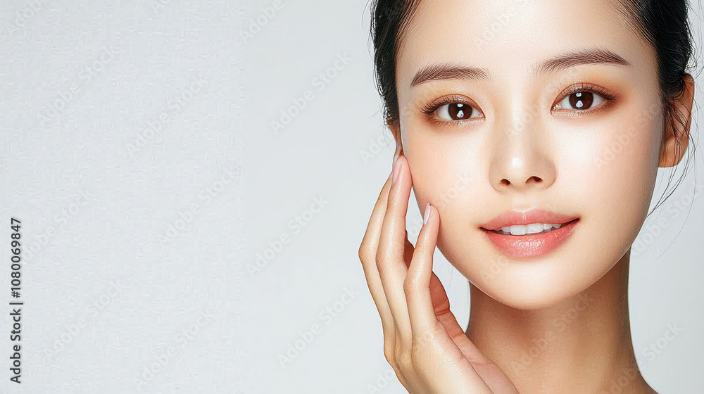 Young woman with clear skin touching her face, smiling softly against a neutral background emphasizing natural beauty and skincare routine Young woman with clear skin touching her face, smiling softly against a neutral background emphasizing natural beauty and skincare routine