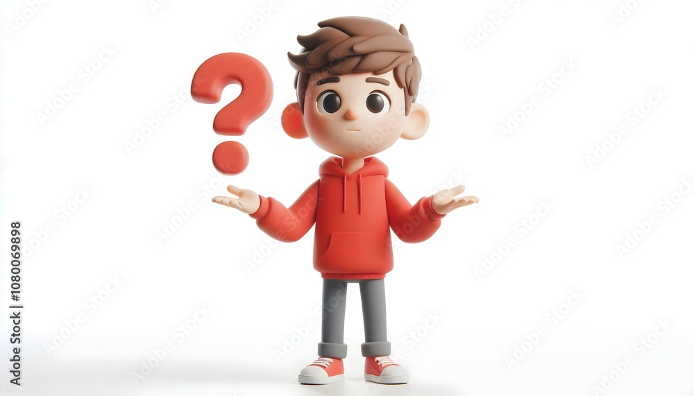Full Body 3D Claymation Boy Character with Glasses - Questioning Gesture with Hands and Question Mark, Isolated on White Full Body 3D Claymation Boy Character with Glasses - Questioning Gesture with Hands and Question Mark, Isolated on White