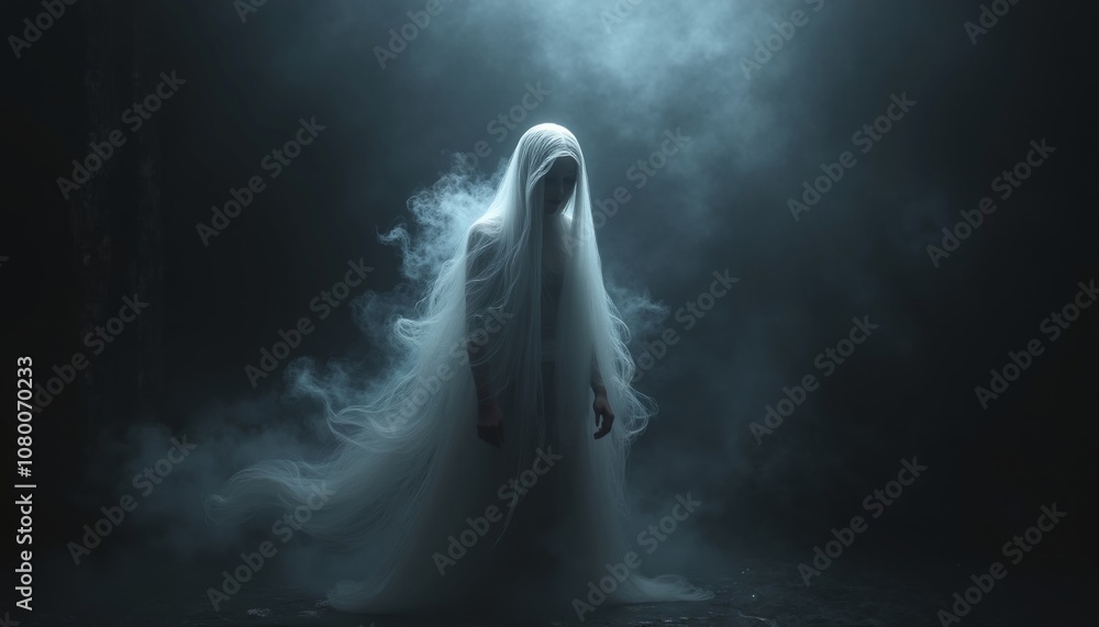Ethereal Apparition Veiled in Misty Haze within Dark Void. Ethereal Apparition Veiled in Misty Haze within Dark Void.