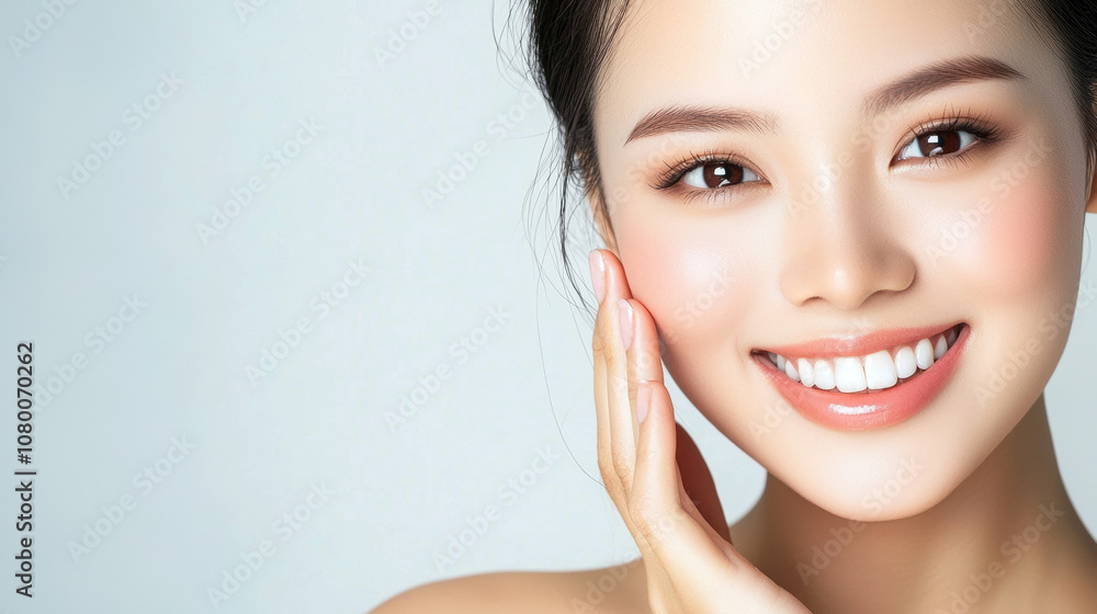 Beautiful young woman smiling and touching her cheek, showcasing flawless skin and radiant confidence against a soft background Beautiful young woman smiling and touching her cheek, showcasing flawless skin and radiant confidence against a soft background