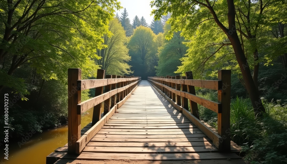 Fototapeta premium A serene wooden bridge in a lush forest