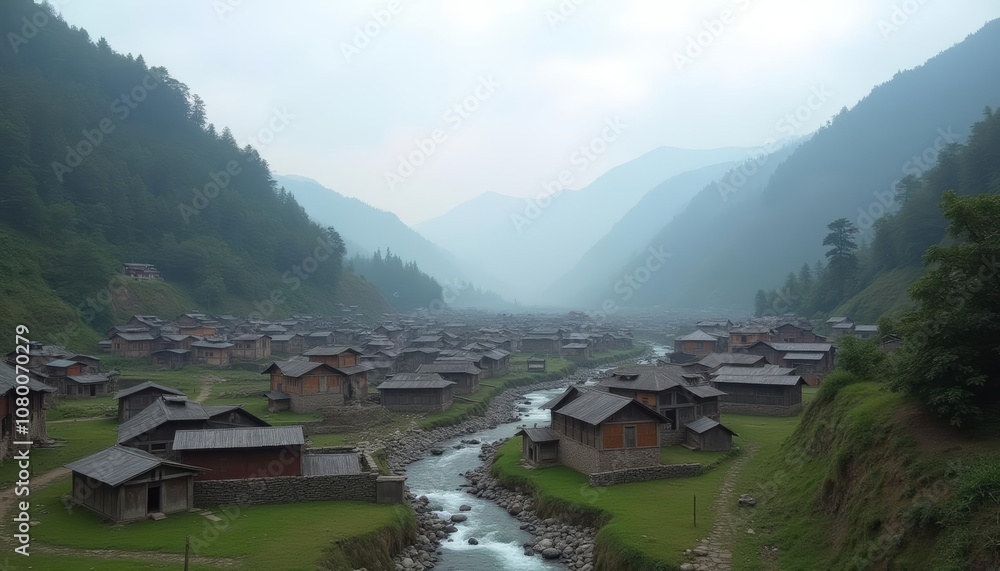 Obraz premium Tranquil mountain village nestled amidst natures embrace