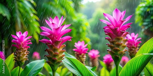 Captivating double exposure photography highlights Curcuma sessilis blooming in the rainforest of Pa Hin Ngam National Park, featuring stunning pink flowers surrounded by lush greenery. photo