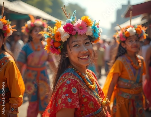 Joyful young woman in vibrant traditional attire adorned with a colorful flower crown, participating in a cultural parade. Surrounded by people in festive costumes under a bright, sunny sky