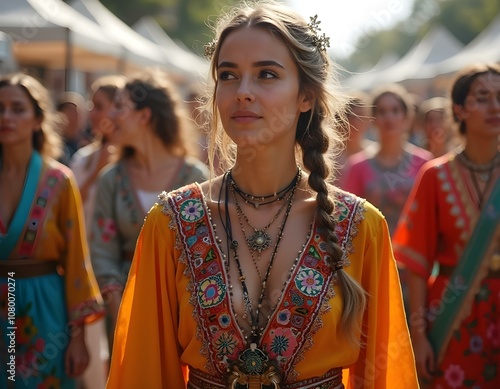 Young woman in traditional ethnic attire with intricate embroidery and layered necklaces, walking in a cultural procession. Surrounded by other participants, she exudes elegance and pride