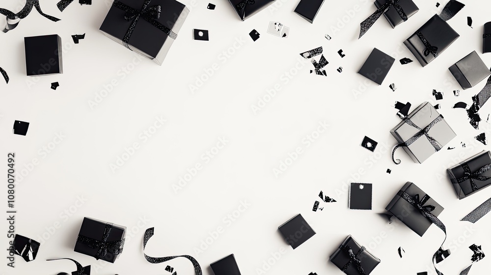 Black Gift Boxes and Ribbons on a White Background Black Gift Boxes and Ribbons on a White Background