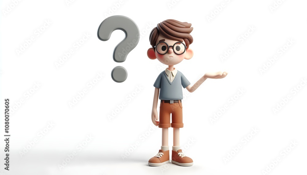 Full Body 3D Claymation Boy Character with Glasses - Questioning Gesture with Hands and Question Mark, Isolated on White
