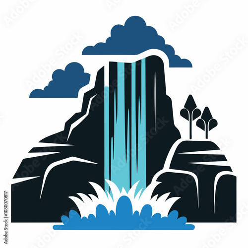 Cascading waterfall silhouette vector illustration on white background