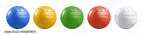 Blue color volleyball set. 3d vector realistic team sport game render. Beach volley mockup for water polo, handball, soccer. Summer active tournament symbol. Various leather voley ball school emoji