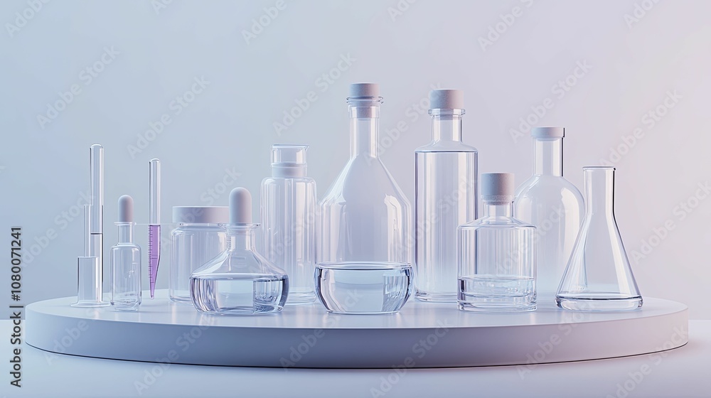 Glassware Arrangement on White Platform with a Hint of Purple Glassware Arrangement on White Platform with a Hint of Purple