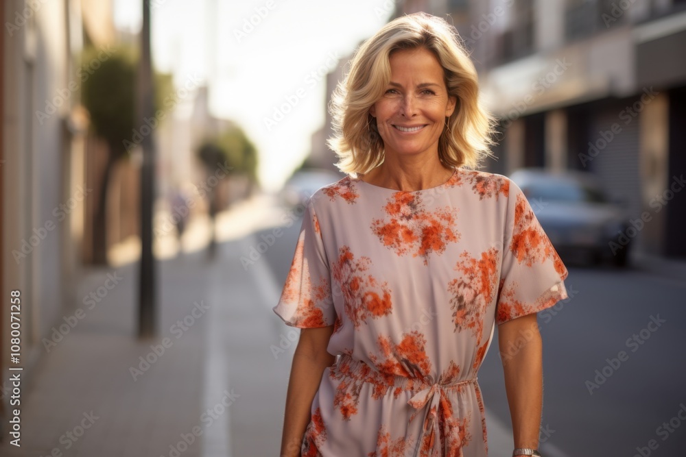 A woman wearing a floral dress is smiling and standing on a sidewalk A woman wearing a floral dress is smiling and standing on a sidewalk