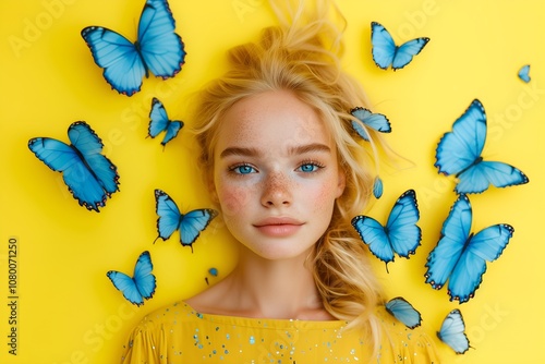 Portrait of young beautiful blonde girl looking like a princess with bright blue eyes surrounded by blue butterflies on yellow background photo