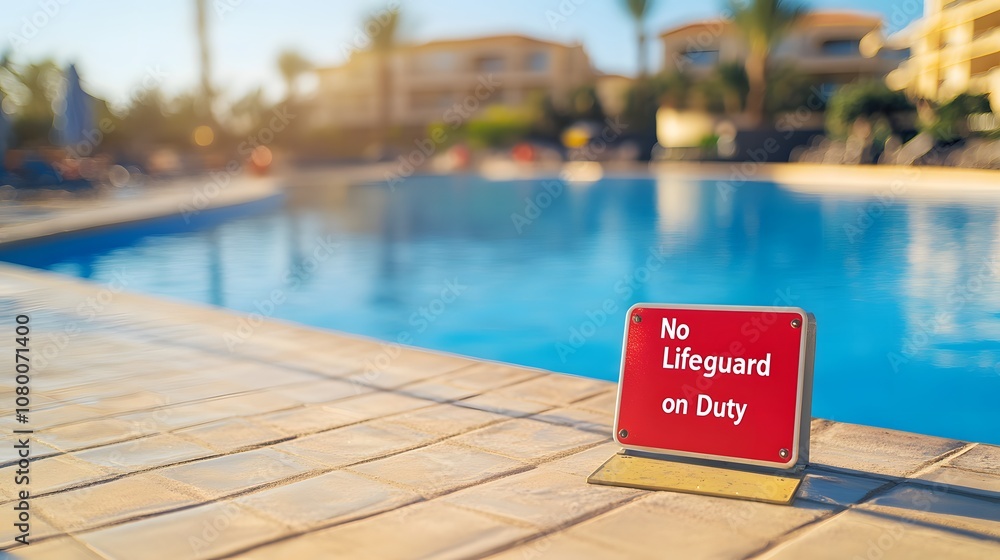 Naklejka premium Swimming pool warning sign placed near the edge of a pool, emphasizing safety and caution for swimmers, ensuring a secure aquatic environment.