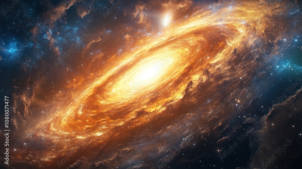 Fototapeta premium A vibrant, fiery spiral galaxy with a bright core, surrounded by swirling gas and dust.