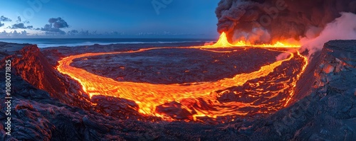Lava flow landscape, glowing river of molten rock against a twilight sky