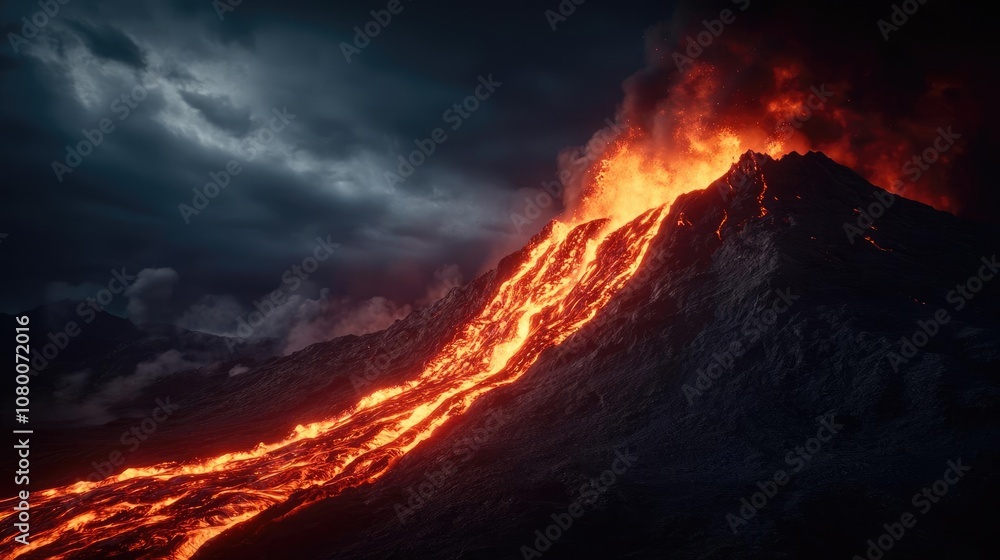 Lava flowing from an erupting volcano under a dramatic sky, intense natural phenomenon.