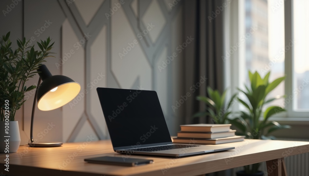 Fototapeta premium Modern Office Workspace with Black Laptop and Stylish Desk Accessories