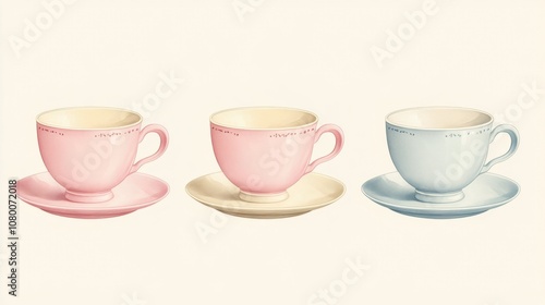 photorealistic clip art of vintage cups and saucers, minimalistic, classic designs, muted colors, gentle reflections