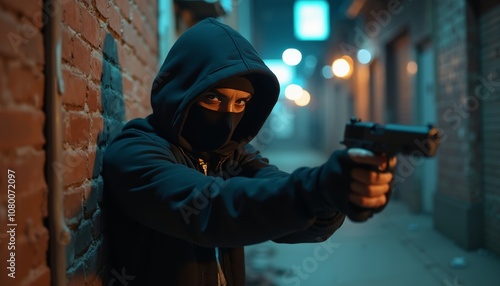 Individual in Dark Hoodie and Mask Holding Firearm in Urban Alleyway.