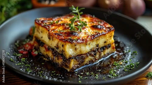 Delicious homemade lasagna served on a plate, featuring layers of pasta, meat, cheese, and herbs for a mouthwatering experience.