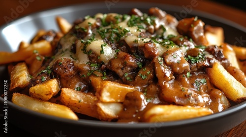 Delicious loaded fries topped with savory beef gravy and melted cheese, garnished with fresh herbs, perfect for comfort food lovers.