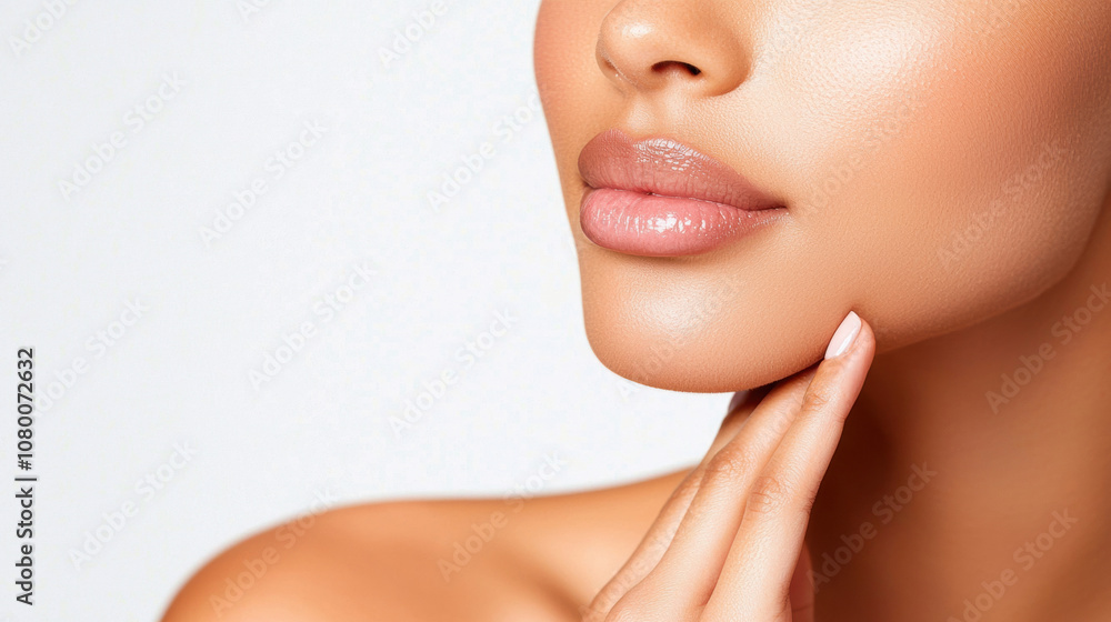 Close-up of a woman's face showing smooth skin, soft lips, and manicured hand gently touching her chin against a white background Close-up of a woman's face showing smooth skin, soft lips, and manicured hand gently touching her chin against a white background