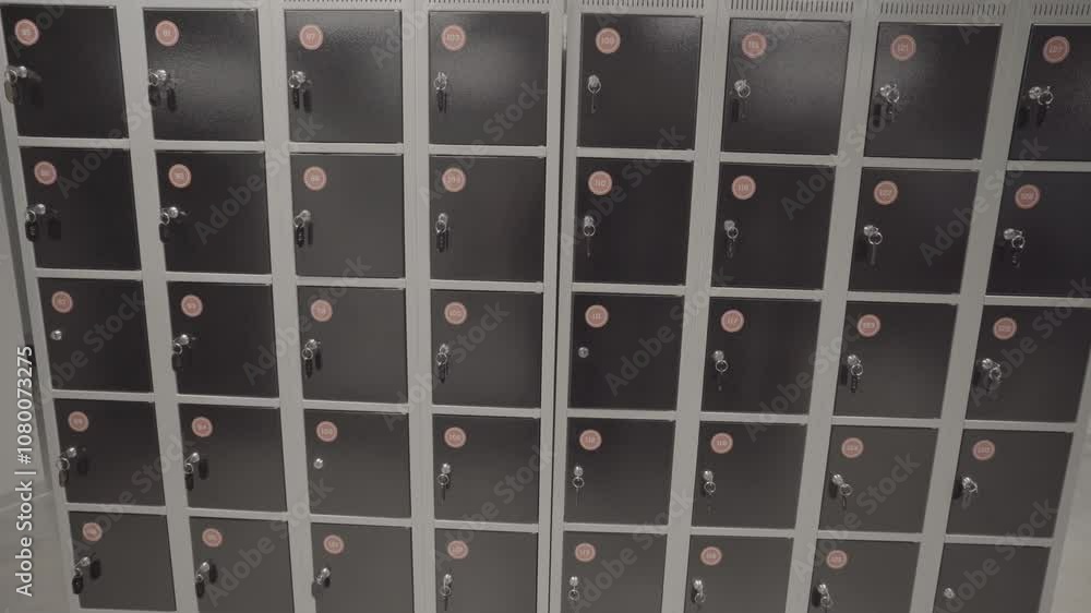 Cesis, Latvia - November 13, 2024 - A close-up view of numbered black lockers with keys, offering secure storage space in a modern facility.
Cesis, Latvia - November 13, 2024 - A close-up view of numbered black lockers with keys, offering secure storage space in a modern facility.