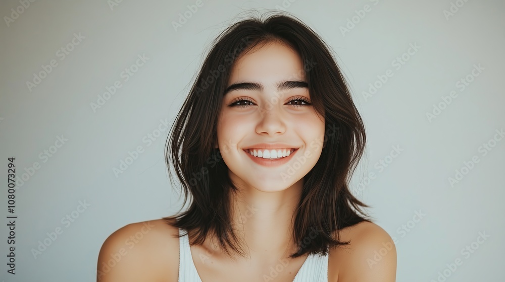 Portrait of a young woman looking at the camera, she is smiling and happy. Portrait of a young woman looking at the camera, she is smiling and happy.