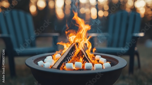 Enjoying a Warm Evening Around a Cozy Bonfire with Roasting Marshmallows and Beautiful Scenery. Autumn Festival Concept photo