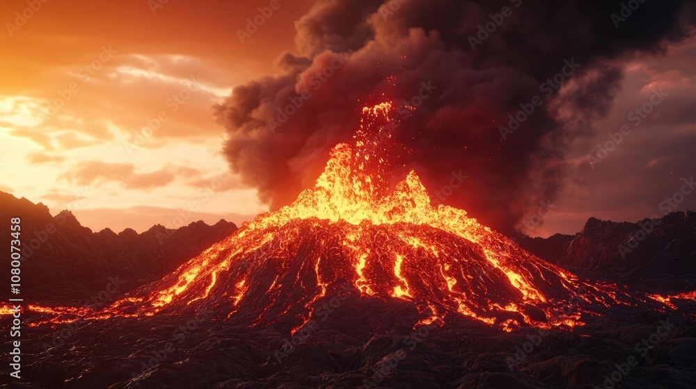 Active volcano erupting with lava and smoke at sunset, dramatic landscape scene. Active volcano erupting with lava and smoke at sunset, dramatic landscape scene.