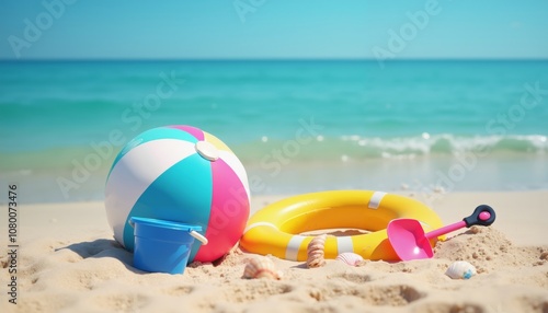 Vibrant Summer Scene on Sandy Beach with Colorful Beach Toys and Waves