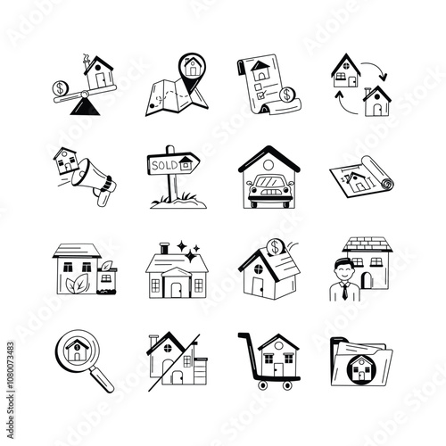 Collection of simple black and white icons representing various aspects of real estate, including buying, selling, property valuation,