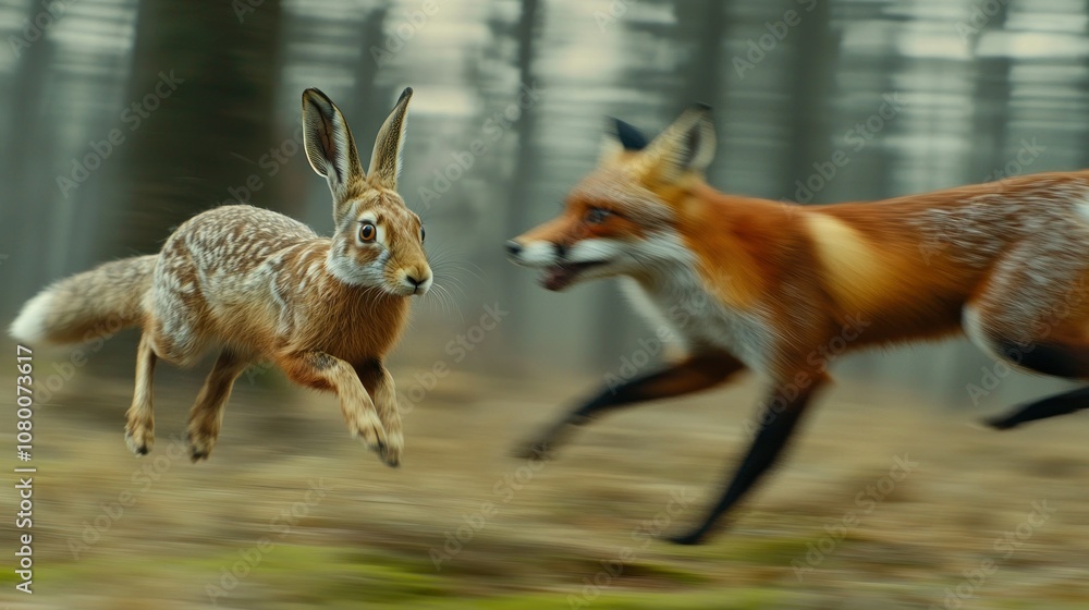 Fototapeta premium A fox chasing a hare through a blurred forest background