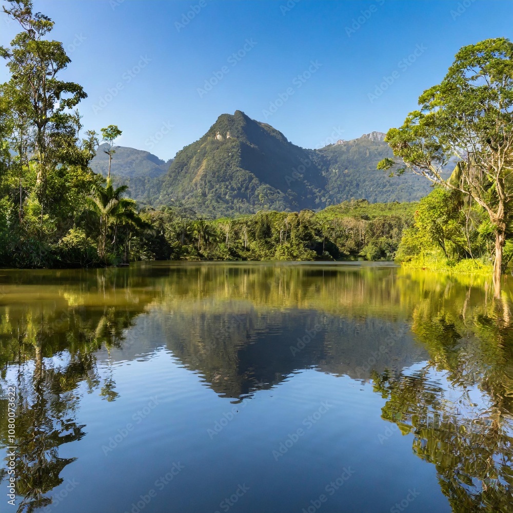 Serene Lake Surrounded by Lush Tropical Rainforest, Reflecting Towering Trees and Distant Mountain Peaks Under a Clear Blue Sky, Captured for a Scenic Nature Landscape Serene Lake Surrounded by Lush Tropical Rainforest, Reflecting Towering Trees and Distant Mountain Peaks Under a Clear Blue Sky, Captured for a Scenic Nature Landscape