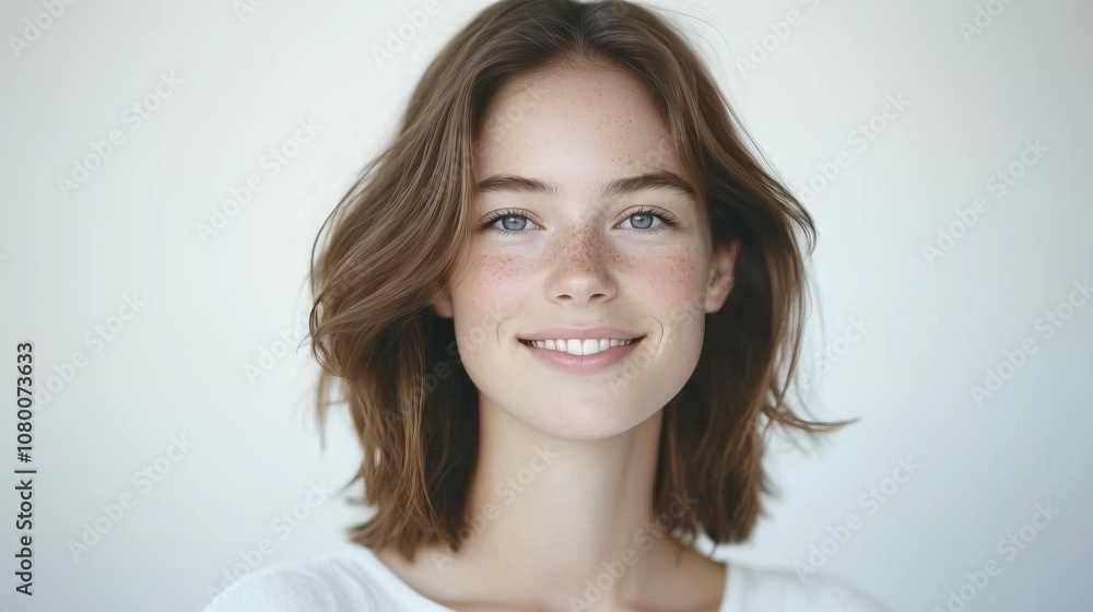 Portrait of a young woman looking at the camera, she is smiling and happy. Portrait of a young woman looking at the camera, she is smiling and happy.