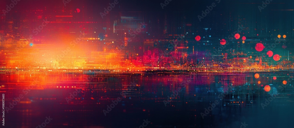 Fototapeta premium Abstract cityscape with red and orange lights reflected in water.