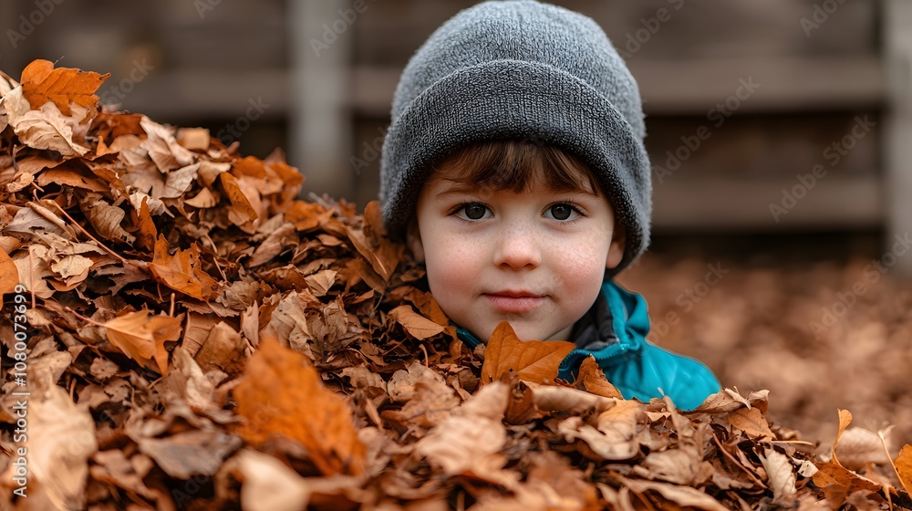 A child joyfully peeks out from a large pile of colorful autumn leaves, capturing the magic of fall.. Autumn Festival Concept A child joyfully peeks out from a large pile of colorful autumn leaves, capturing the magic of fall.. Autumn Festival Concept