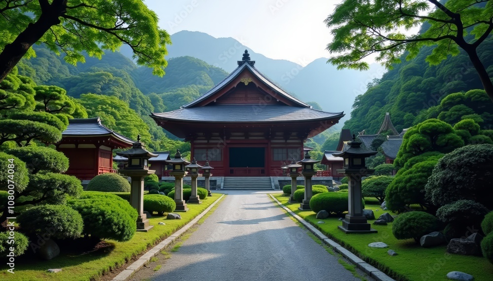 Elegant Japanese temple nestled amidst lush greenery Elegant Japanese temple nestled amidst lush greenery